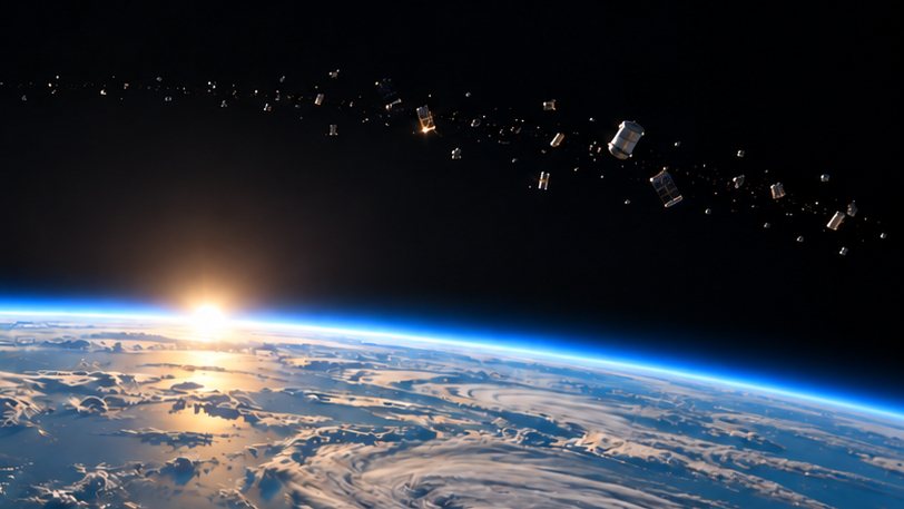 A chain of satellites catching the sun above Earth's limb at dawn