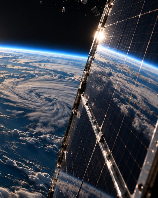 Close view of a satellite's solar glass reflecting Earth and the sunrise
